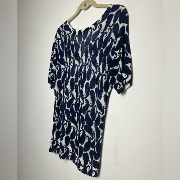 Talbots Blue Shadow Paisley Lightweight V-Back Linen Blend Short Sleeve Sweater - Picture 4 of 10
